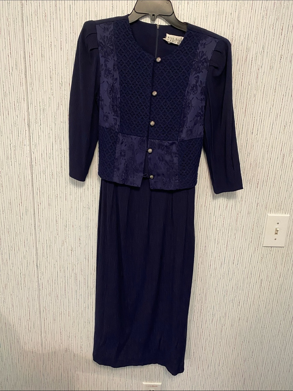 Miss Dorhy Petite Size 12 Navy Dress With Embroidered Vest And Silver Button